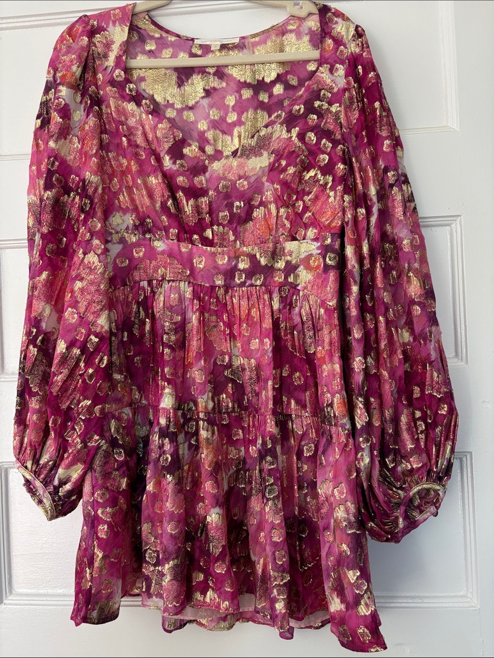 LoveShackFancy Fuchsia Floral Mini Dress with Gold Metallic Accent